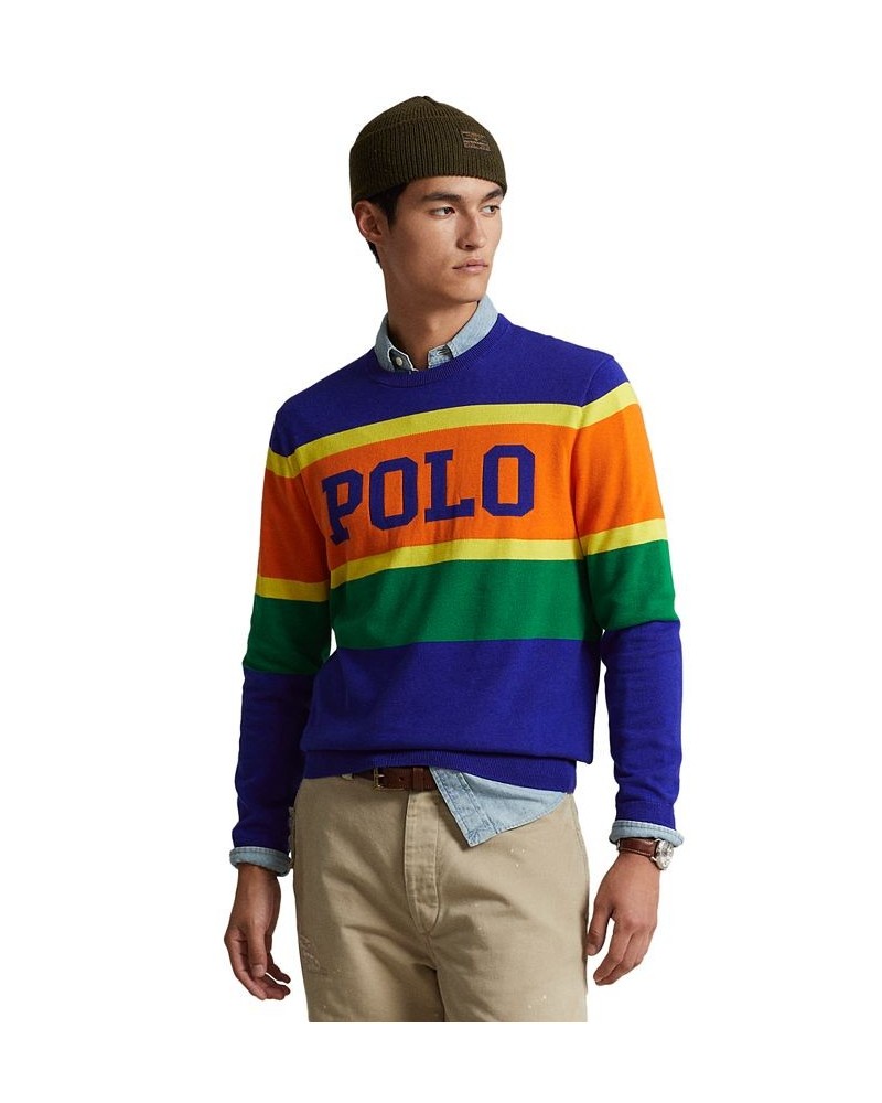 Men's Logo Striped Cotton Sweater Blue $49.40 Sweaters