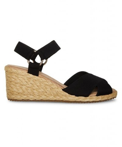 Women's Ellis Espadrille Buckle Wedge Sandals Black $45.54 Shoes