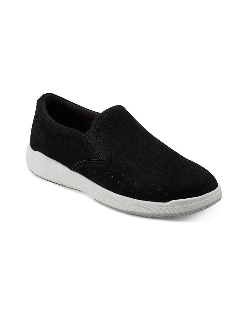 Women's Nel Laser Cut Round Toe Casual Slip-On Sneakers Black Nubuck $50.49 Shoes