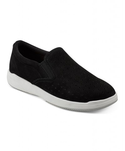 Women's Nel Laser Cut Round Toe Casual Slip-On Sneakers Black Nubuck $50.49 Shoes