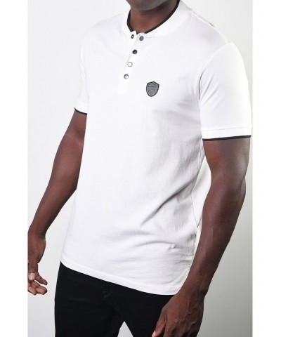 Men's Teddy Collar Metal Button Polo White $17.55 Polo Shirts