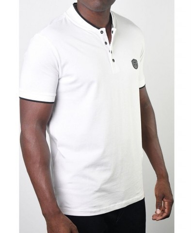 Men's Teddy Collar Metal Button Polo White $17.55 Polo Shirts