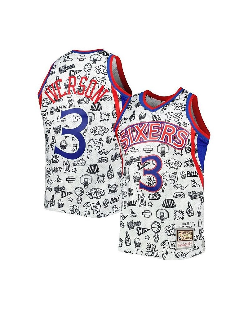 Men's Allen Iverson White Philadelphia 76ers 1996-97 Hardwood Classics Doodle Swingman Jersey $66.00 Jersey