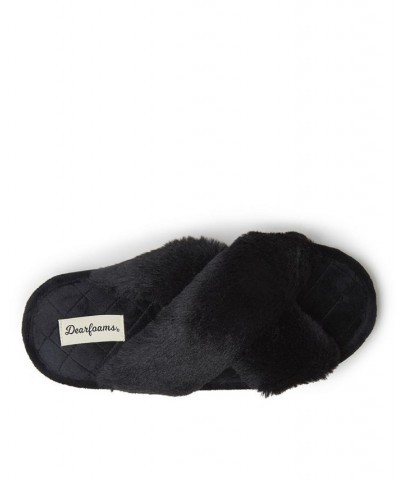 Women's Jessica Furry Cross Band Slide Slippers Black $18.24 Shoes