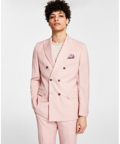 Men's Slim-Fit Wool Sharkskin Double Breasted Suit Jacket Pink $68.25 Suits