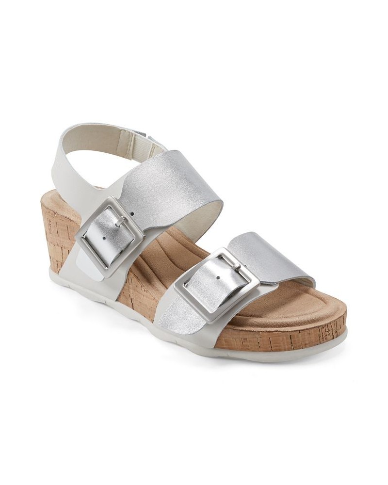 Women's Willa Strappy Casual Mid Cork Wedge Sandals Silver, Cream Leather $35.97 Shoes