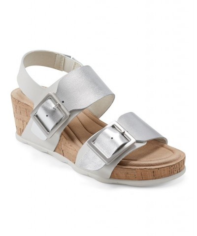 Women's Willa Strappy Casual Mid Cork Wedge Sandals Silver, Cream Leather $35.97 Shoes