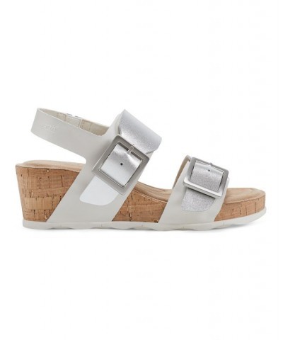 Women's Willa Strappy Casual Mid Cork Wedge Sandals Silver, Cream Leather $35.97 Shoes