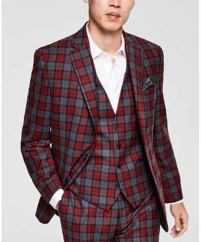 Men's Slim-Fit Red/Gray Plaid Vested Suit Separates Red $75.60 Suits