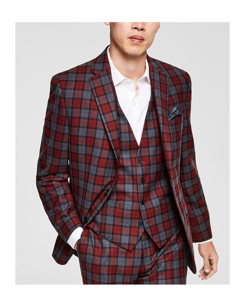 Men's Slim-Fit Red/Gray Plaid Vested Suit Separates Red $75.60 Suits