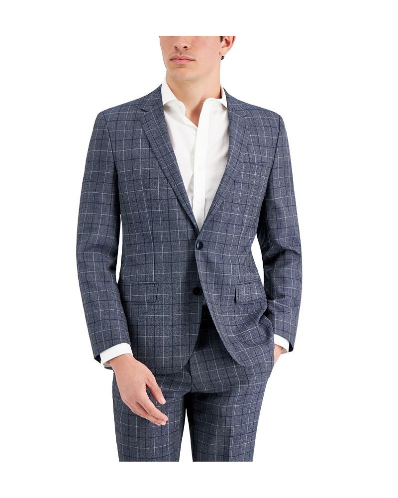 Hugo Boss Men's Slim-Fit Gray Windowpane Check Suit Jacket Blue $68.40 Suits