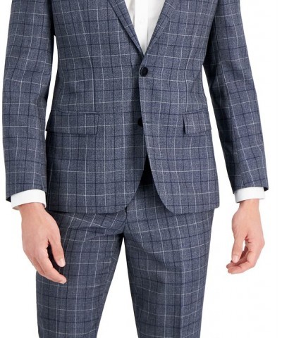 Hugo Boss Men's Slim-Fit Gray Windowpane Check Suit Jacket Blue $68.40 Suits