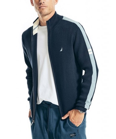 Men's Classic-Fit Mock-Neck Sleeve Stripe Full-Zip Sweater Blue $30.93 Sweaters