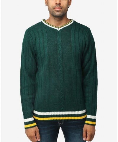 Men's Cable Knit Tipped V-Neck Sweater Rain Forest $27.56 Sweaters