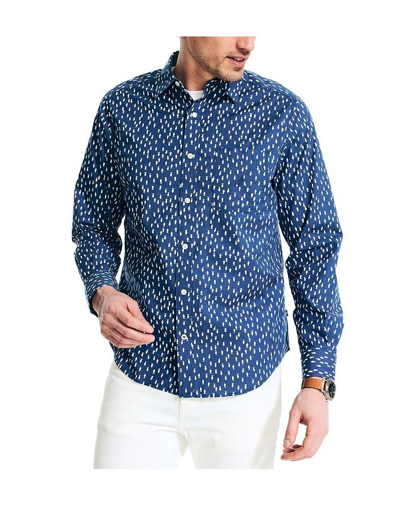 Men's Classic-Fit Geometric Fish-Print Shirt Blue $34.44 Shirts