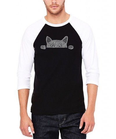 Men's Peeking Cat Raglan Baseball Word Art T-shirt Black $18.90 T-Shirts