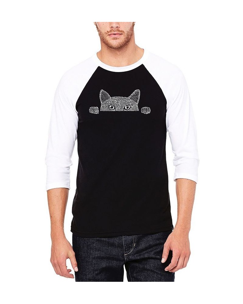 Men's Peeking Cat Raglan Baseball Word Art T-shirt Black $18.90 T-Shirts