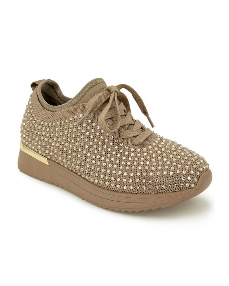 Women's Cameron Jewel Lace Up Sneakers Tan/Beige $42.51 Shoes