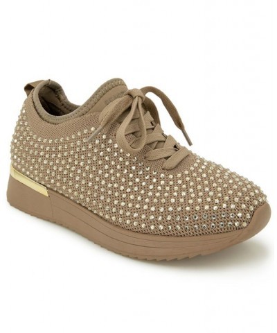 Women's Cameron Jewel Lace Up Sneakers Tan/Beige $42.51 Shoes