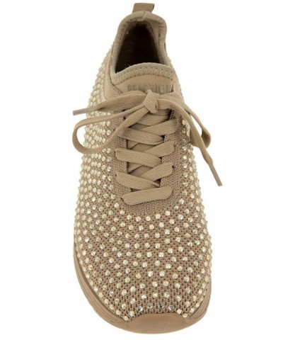 Women's Cameron Jewel Lace Up Sneakers Tan/Beige $42.51 Shoes