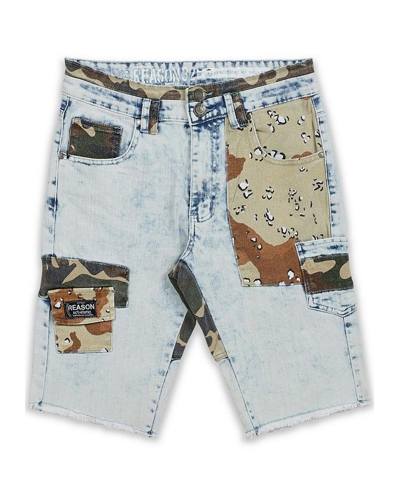 Men's Camo Patchwork Jeans Shorts Blue $31.82 Shorts