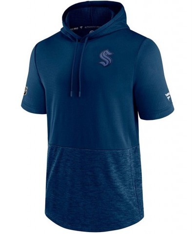 Men's Navy Seattle Kraken Authentic Pro Travel and Training Short Sleeve Pullover Hoodie $27.72 Sweatshirt