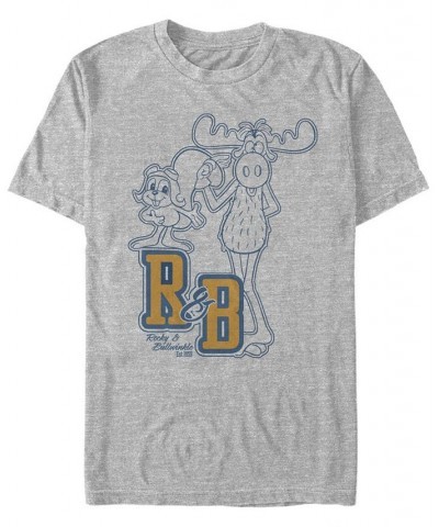 Rocky Bullwinkle Men's Collegiate Line Art Short Sleeve T-Shirt Gray $14.70 T-Shirts