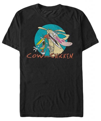 Men's Cow and Chicken Cartoon Logo Badge Short Sleeve T- shirt Black $15.40 T-Shirts