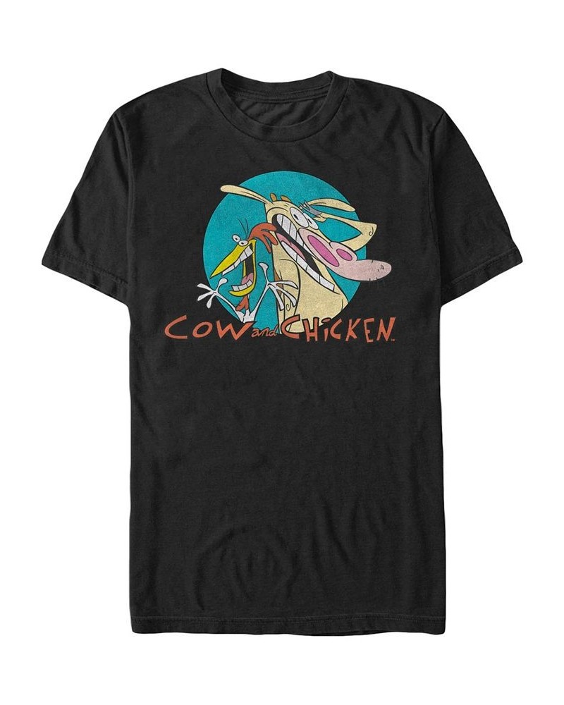 Men's Cow and Chicken Cartoon Logo Badge Short Sleeve T- shirt Black $15.40 T-Shirts