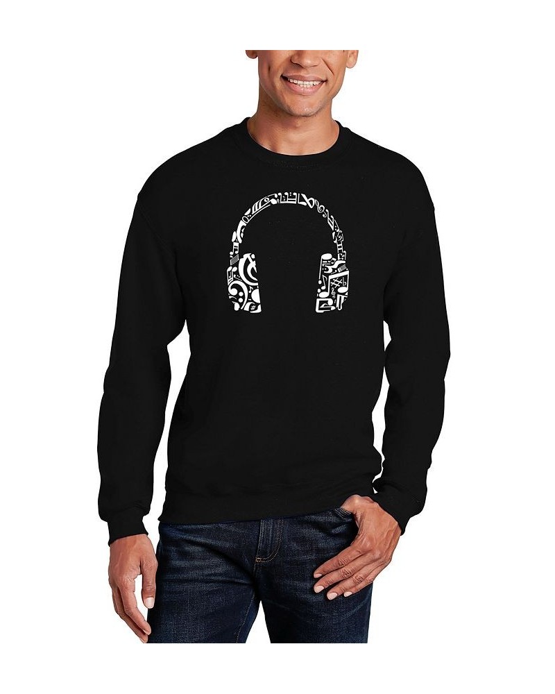 Men's Music Note Headphones Word Art Crewneck Sweatshirt Black $26.99 Sweatshirt